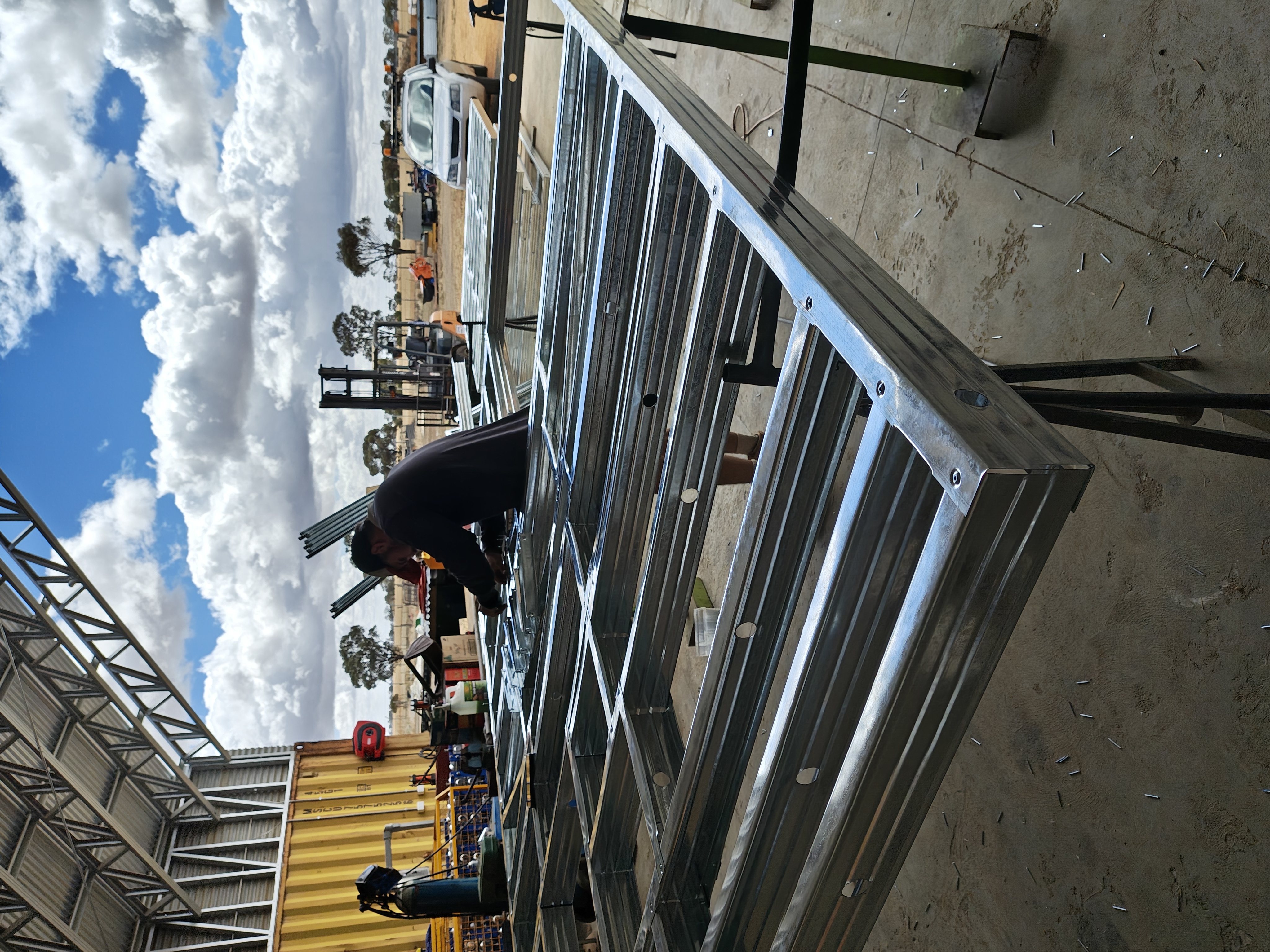 NW Steel Frames fabrication — steel panels being prepared on site